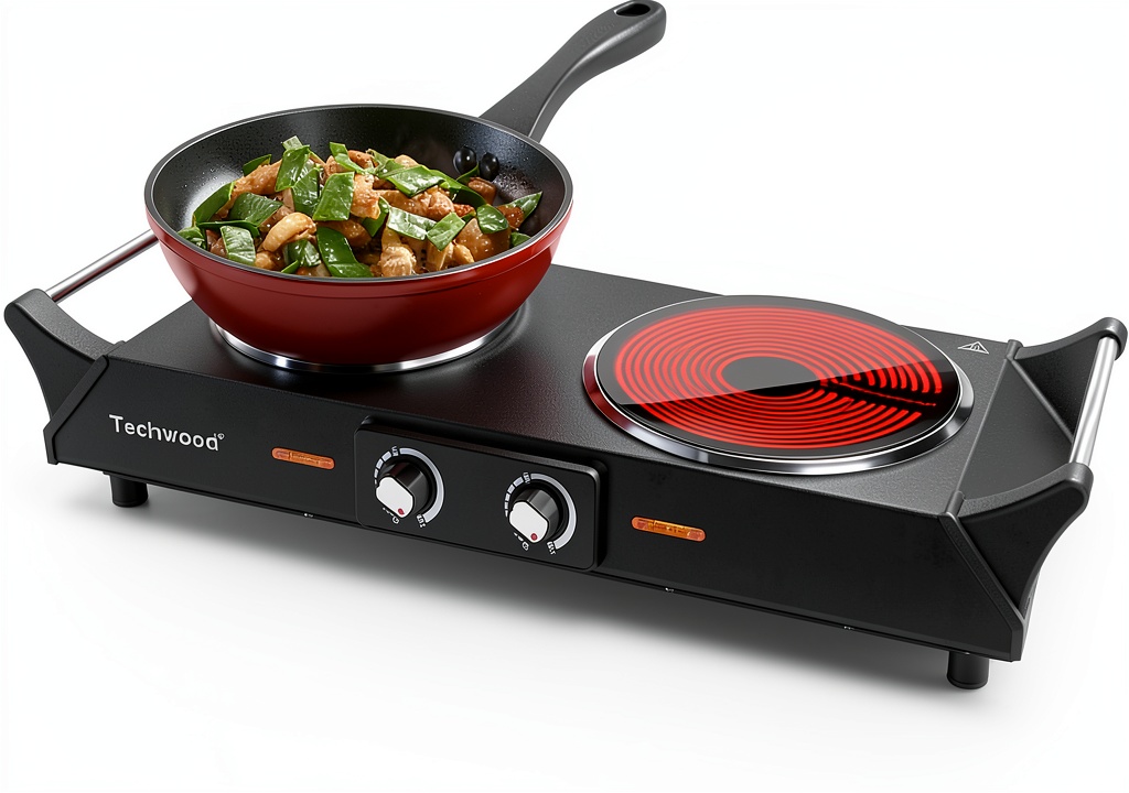 Techwood ceramic cooktop on a countertop with cookware