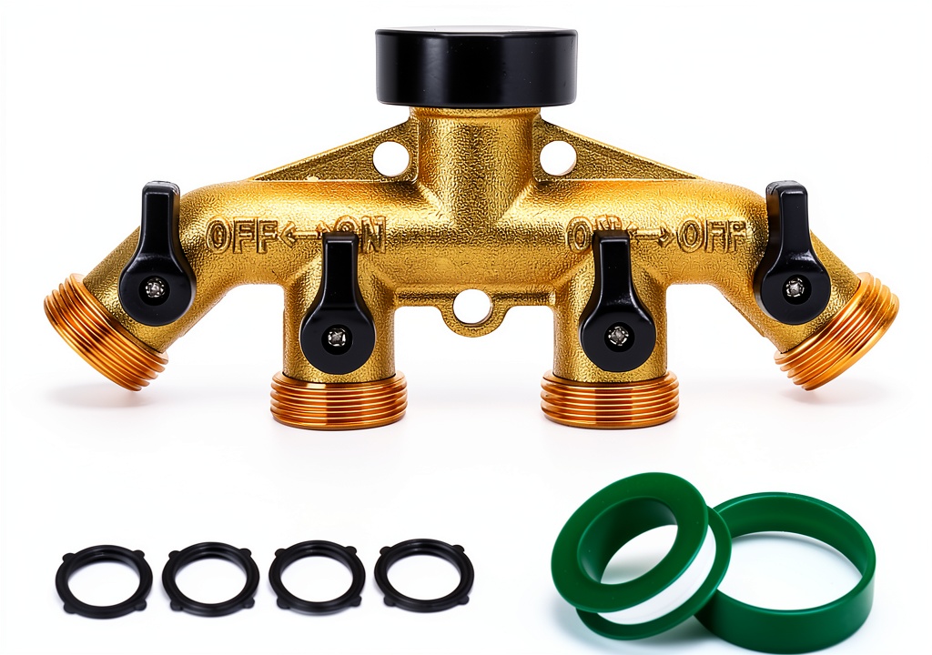 MAGGIFT brass hose splitter showing four shut-off valves and brass construction
